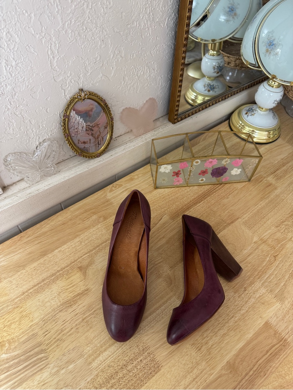 Whimsical Madewell Burgundy Leather Chunky Block Heel Pumps Size 8.5 Indie Fall